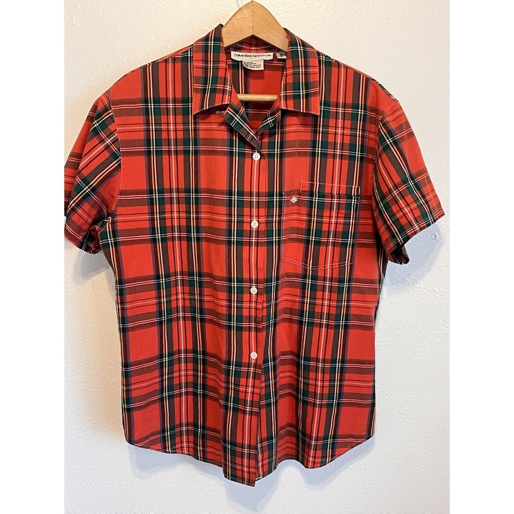 Vintage 90s Calvin Klein Sport Women's Plaid‎ Top Short Sleeve Button Up Small